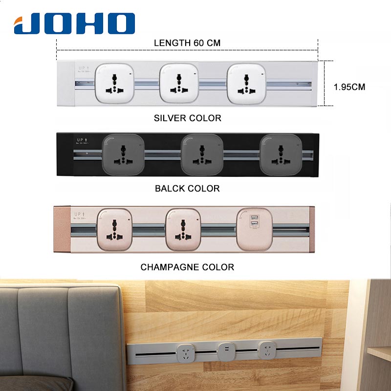 JOHO 60CM Aluminum Alloy Track Wall Socket 3 Colors 8000W EU Standard Electrical Plug Socket Power Outlet Panel 250V