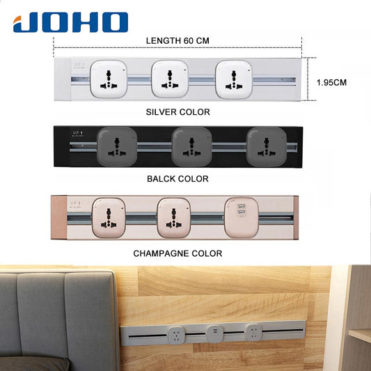 JOHO 60CM Aluminum Alloy Track Wall Socket 3 Colors 8000W EU Standard Electrical Plug Socket Power Outlet Panel 250V